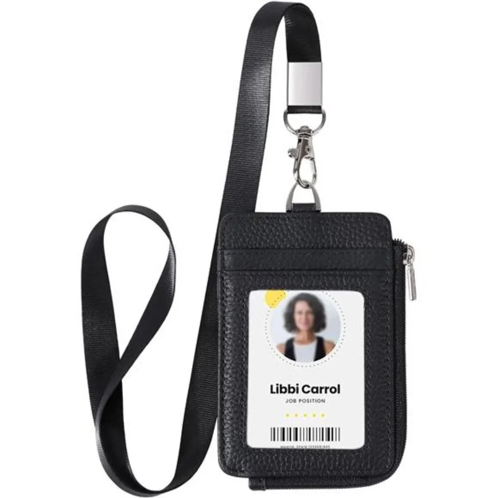 Genuine Leather id Badge Holder with Zipper Pocket,Vertical Lanyard Wallet,id